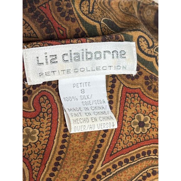Vintage 90s Liz Claiborne Size 4P Brown Silk Paisley Blouse Top Career Work - Picture 6 of 11